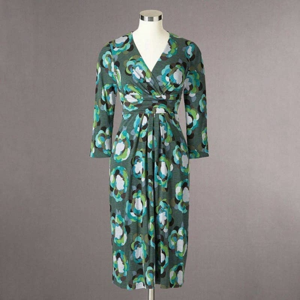 Boden Drapey Jersey Knit Sheath Dress Green Blue Floral Women's Size 10